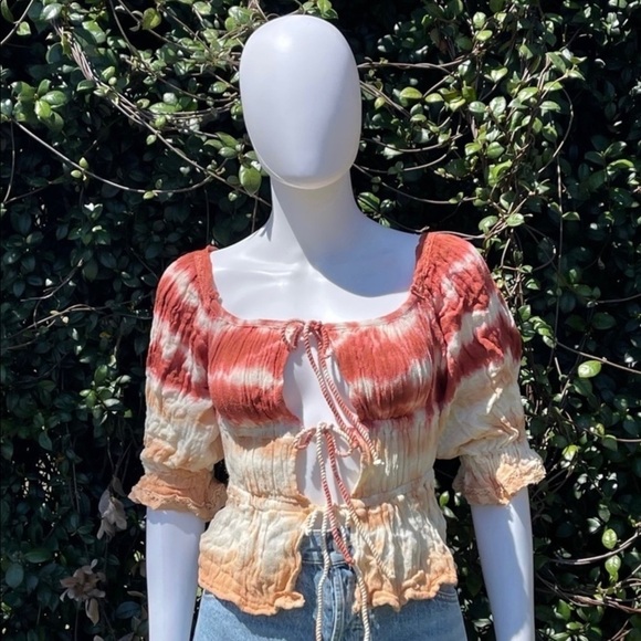 NWT JEN’S Pirate Booty Boho Cotton Gauze Fire Tie Dye Tie Front Blouse - Picture 2 of 13